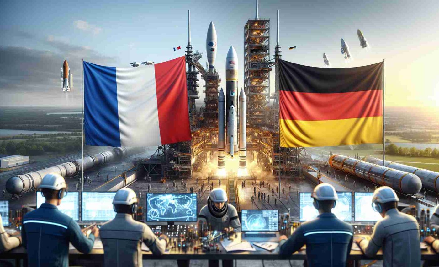 High-definition, realistic image of a French aerospace company partnering with a German space-technology corporation for groundbreaking space launches. The scene shows the symbolic unity between the two nations, represented by their countries' flags side by side. In the background, there is a glimpse of a futuristic launchpad with a rocket ready for take-off under the clear blue sky. Also included are engineering teams of equal gender diversity working harmoniously on the foreground towards this scientific milestone.