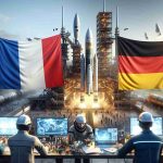 High-definition, realistic image of a French aerospace company partnering with a German space-technology corporation for groundbreaking space launches. The scene shows the symbolic unity between the two nations, represented by their countries' flags side by side. In the background, there is a glimpse of a futuristic launchpad with a rocket ready for take-off under the clear blue sky. Also included are engineering teams of equal gender diversity working harmoniously on the foreground towards this scientific milestone.