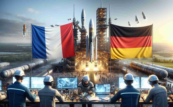 High-definition, realistic image of a French aerospace company partnering with a German space-technology corporation for groundbreaking space launches. The scene shows the symbolic unity between the two nations, represented by their countries' flags side by side. In the background, there is a glimpse of a futuristic launchpad with a rocket ready for take-off under the clear blue sky. Also included are engineering teams of equal gender diversity working harmoniously on the foreground towards this scientific milestone.