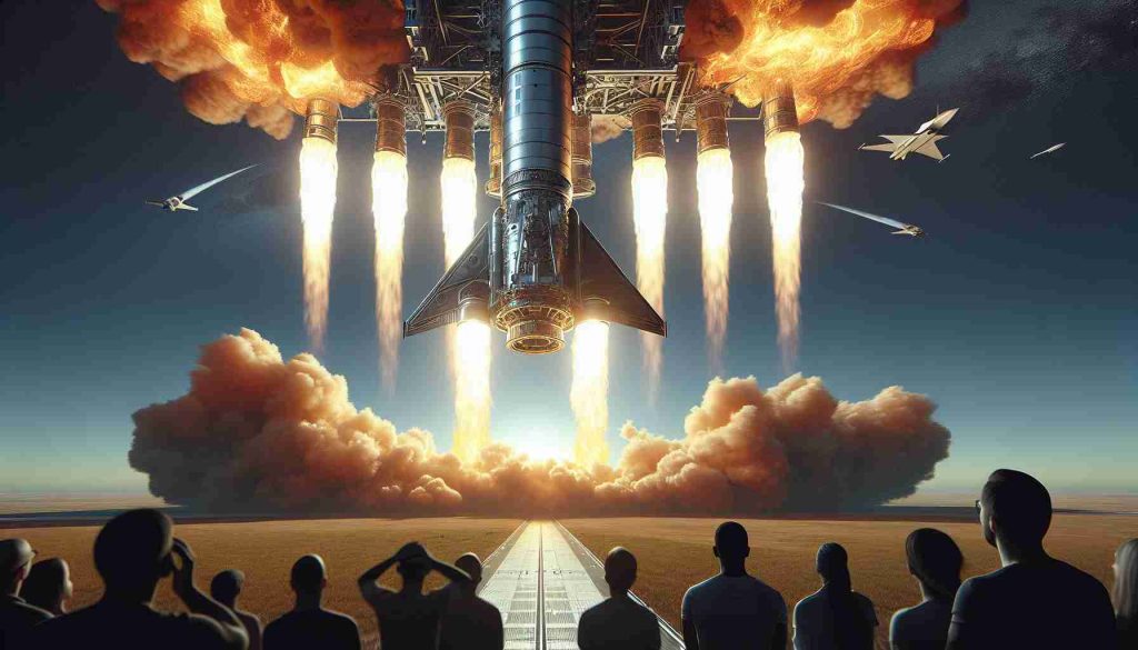 Create a high-definition and realistic image showing the intense and ear-splitting takeoff of a modern spacecraft. It's a grand spectacle, with the spacecraft - a vision of advanced technology and human achievement - leaving the Earth behind. The exhaust flames are fierce and bright, combining with the thunderous noise to create a sense of awe-inspiring power. The scene also includes expressions of astonishment and shock on the faces of spectators in the foreground, their eyes wide as they marvel at the breathtaking scene taking place right in front of them.