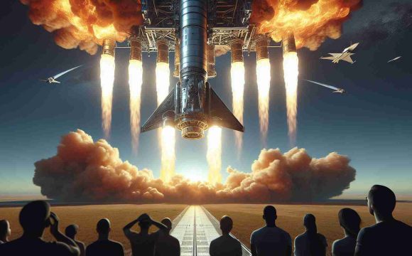 Create a high-definition and realistic image showing the intense and ear-splitting takeoff of a modern spacecraft. It's a grand spectacle, with the spacecraft - a vision of advanced technology and human achievement - leaving the Earth behind. The exhaust flames are fierce and bright, combining with the thunderous noise to create a sense of awe-inspiring power. The scene also includes expressions of astonishment and shock on the faces of spectators in the foreground, their eyes wide as they marvel at the breathtaking scene taking place right in front of them.