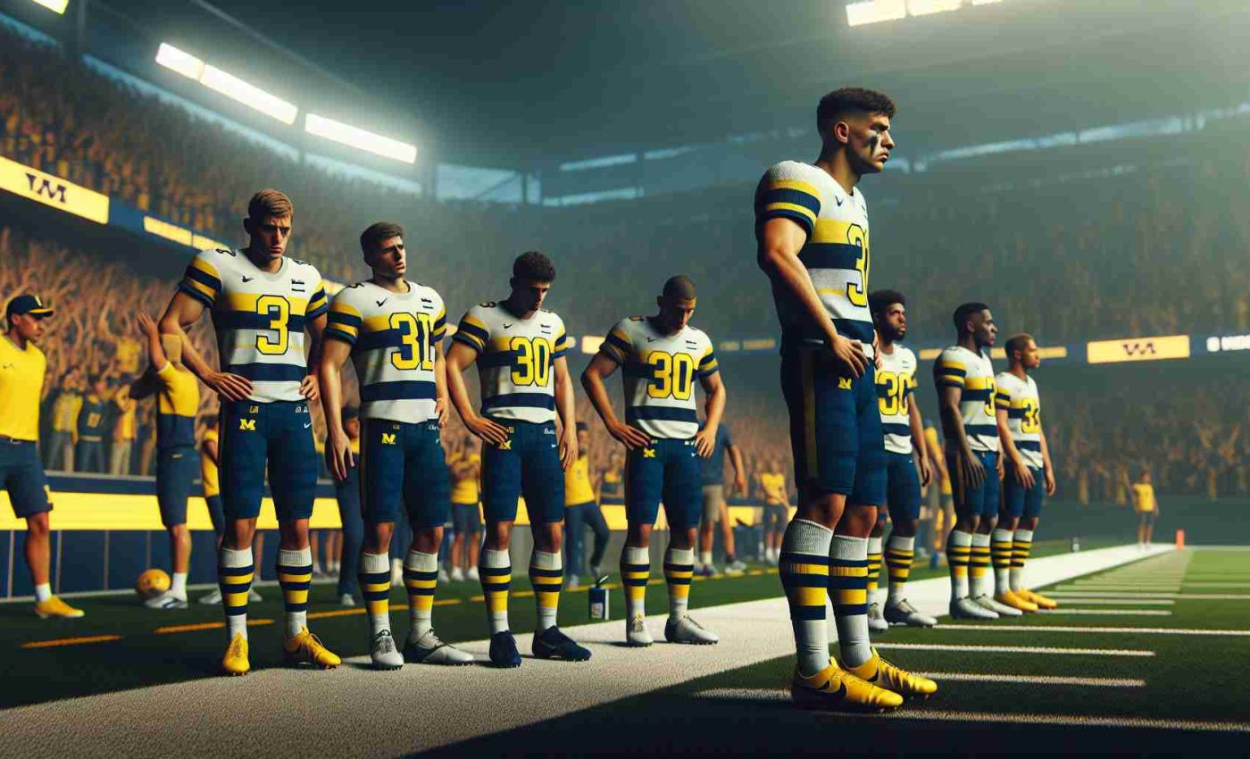 Generate a realistic high-definition image of a distressed football team, specifically the secondary unit, on the field. The ambient mood should suggest a major setback, possibly showing dejected players, coaches, and other team staff. The football kits resemble those of popular teams in Michigan. The stadium atmosphere is filled with tension and anticipation ahead of a critical clash with a rival team that has colors similar to those of Oregon.