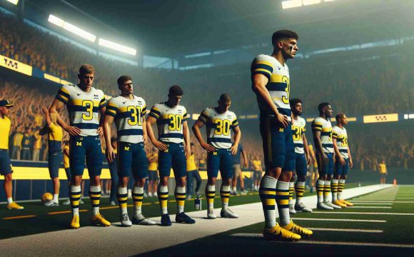 Generate a realistic high-definition image of a distressed football team, specifically the secondary unit, on the field. The ambient mood should suggest a major setback, possibly showing dejected players, coaches, and other team staff. The football kits resemble those of popular teams in Michigan. The stadium atmosphere is filled with tension and anticipation ahead of a critical clash with a rival team that has colors similar to those of Oregon.