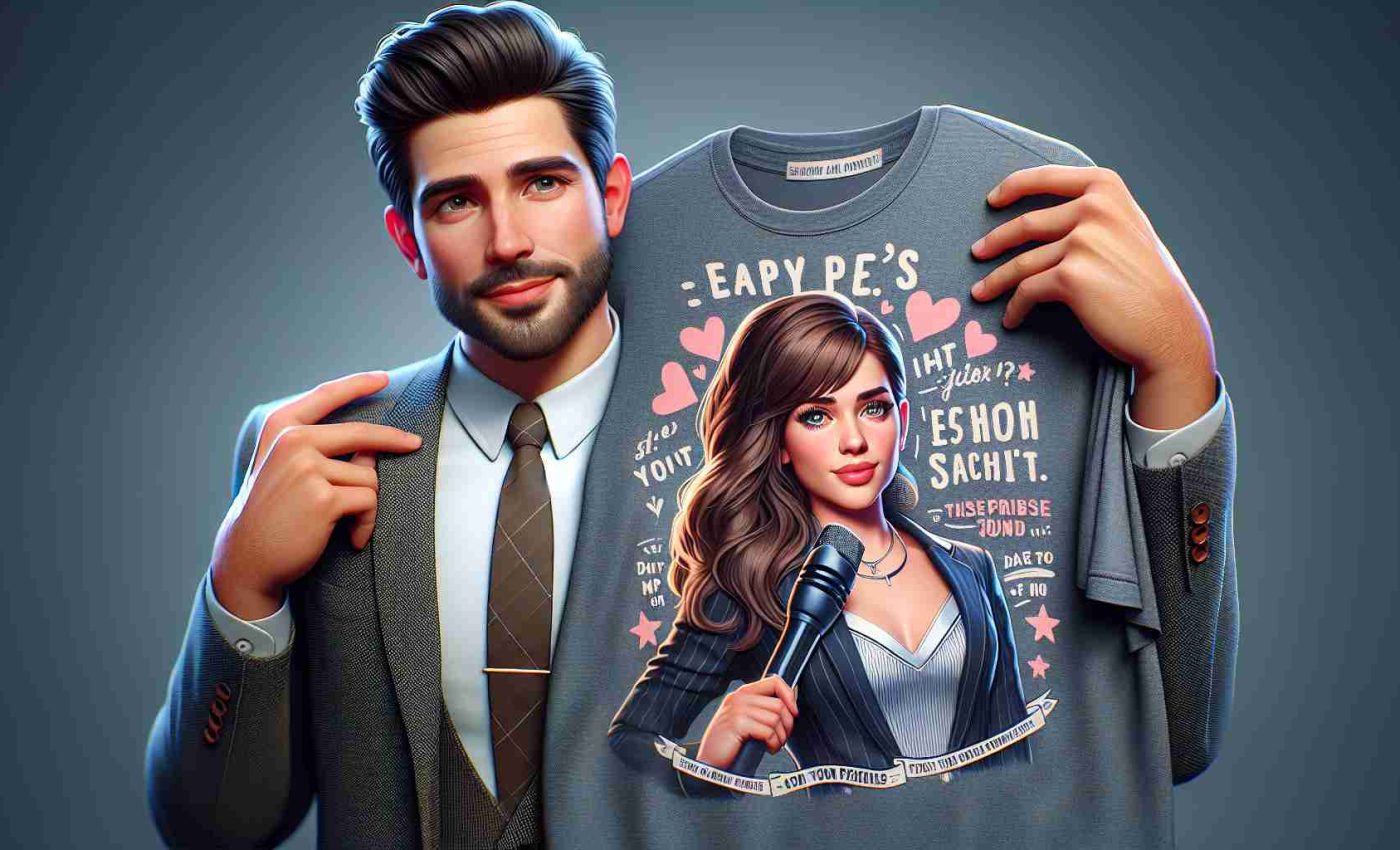 Realistic HD image of a charming male actor expressing his affection for a popular female singer by wearing fashionable fan merchandise. The actor is known for his comedic roles and the singer for her catchy pop songs. The merchandise includes a trendy T-shirt that displays creative fan-art inspired by the singer's music.