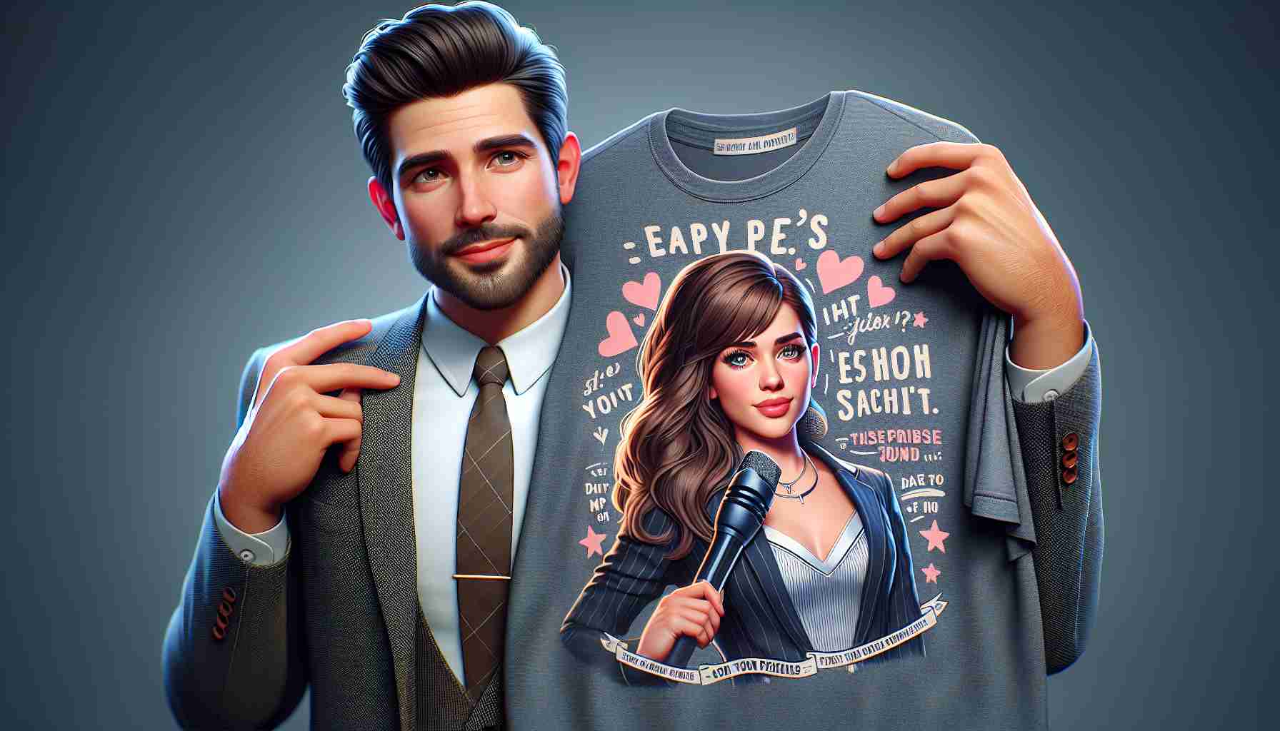 Realistic HD image of a charming male actor expressing his affection for a popular female singer by wearing fashionable fan merchandise. The actor is known for his comedic roles and the singer for her catchy pop songs. The merchandise includes a trendy T-shirt that displays creative fan-art inspired by the singer's music.