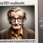 An HD realistic image of an Irish comedic artist, around 66 years old, renowned for his humour. Don't depict an exact likeness, but show him with a jovial expression, thinning hair, and glasses. Display a headline that says 'Beloved Irish Comedy Icon Passes Away at 66'.