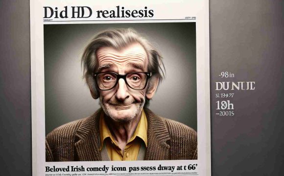 An HD realistic image of an Irish comedic artist, around 66 years old, renowned for his humour. Don't depict an exact likeness, but show him with a jovial expression, thinning hair, and glasses. Display a headline that says 'Beloved Irish Comedy Icon Passes Away at 66'.