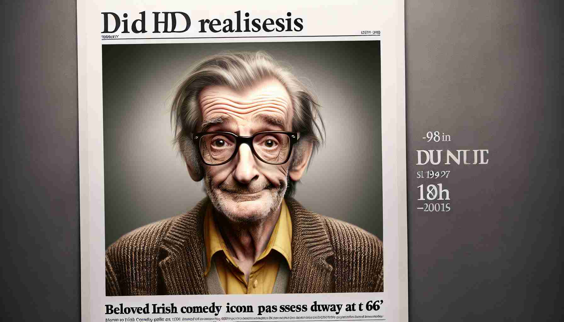 An HD realistic image of an Irish comedic artist, around 66 years old, renowned for his humour. Don't depict an exact likeness, but show him with a jovial expression, thinning hair, and glasses. Display a headline that says 'Beloved Irish Comedy Icon Passes Away at 66'.