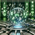 A realistic, high-definition image depicting the conceptual representation of 'Spotify's Next Frontier.' Visualize the concept of artificial intelligence shaping music discoveries. The scene could show a futuristic, high-tech setup with music notes floating around, an advanced computer or robot sifting through various genres of music represented by icons or symbols. The color scheme could be green and black, often associated with Spotify's brand identity.