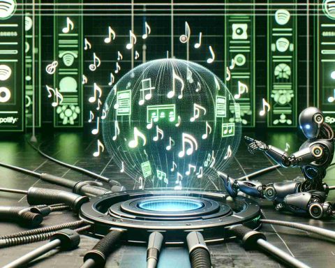 A realistic, high-definition image depicting the conceptual representation of 'Spotify's Next Frontier.' Visualize the concept of artificial intelligence shaping music discoveries. The scene could show a futuristic, high-tech setup with music notes floating around, an advanced computer or robot sifting through various genres of music represented by icons or symbols. The color scheme could be green and black, often associated with Spotify's brand identity.