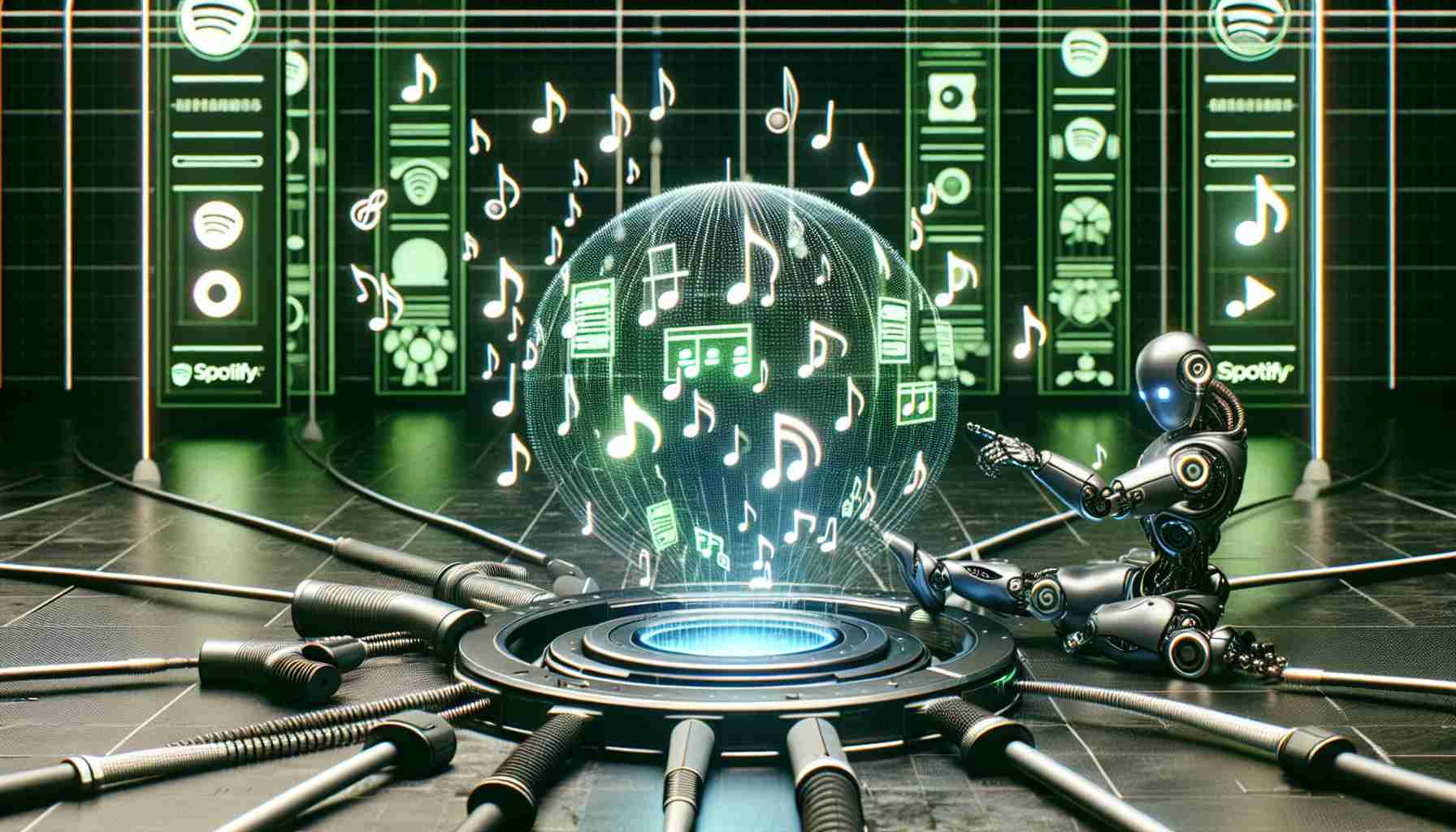 A realistic, high-definition image depicting the conceptual representation of 'Spotify's Next Frontier.' Visualize the concept of artificial intelligence shaping music discoveries. The scene could show a futuristic, high-tech setup with music notes floating around, an advanced computer or robot sifting through various genres of music represented by icons or symbols. The color scheme could be green and black, often associated with Spotify's brand identity.