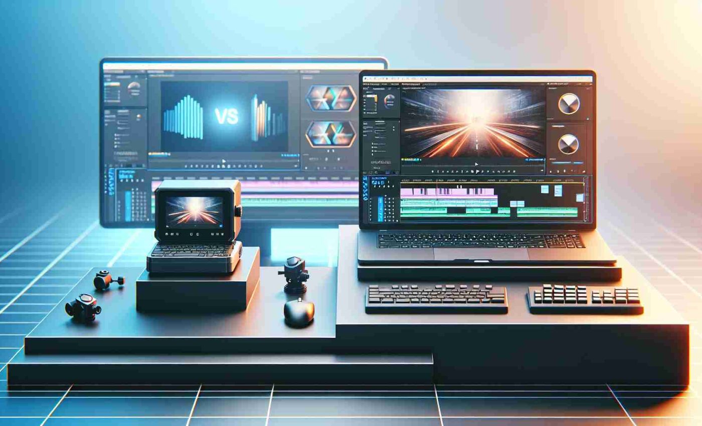 Create a realistic high-definition image showcasing a conceptual contest: a miniature high-performance computer versus a powerful laptop, particularly focusing on video editing capabilities. Both devices should be portrayed with formidable performance, the smaller one demonstrating compact power and the larger one, with impressive processing abilities. Both are modern, advanced and set on a leveled stage that represents a video editing environment. Notable features such as interfaces, keys, screens displaying video editing softwares can be highlighted.