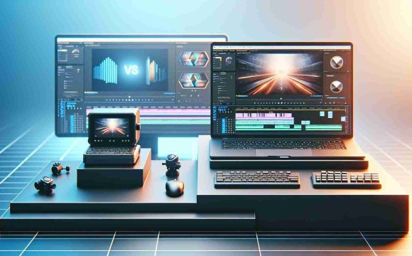 Create a realistic high-definition image showcasing a conceptual contest: a miniature high-performance computer versus a powerful laptop, particularly focusing on video editing capabilities. Both devices should be portrayed with formidable performance, the smaller one demonstrating compact power and the larger one, with impressive processing abilities. Both are modern, advanced and set on a leveled stage that represents a video editing environment. Notable features such as interfaces, keys, screens displaying video editing softwares can be highlighted.