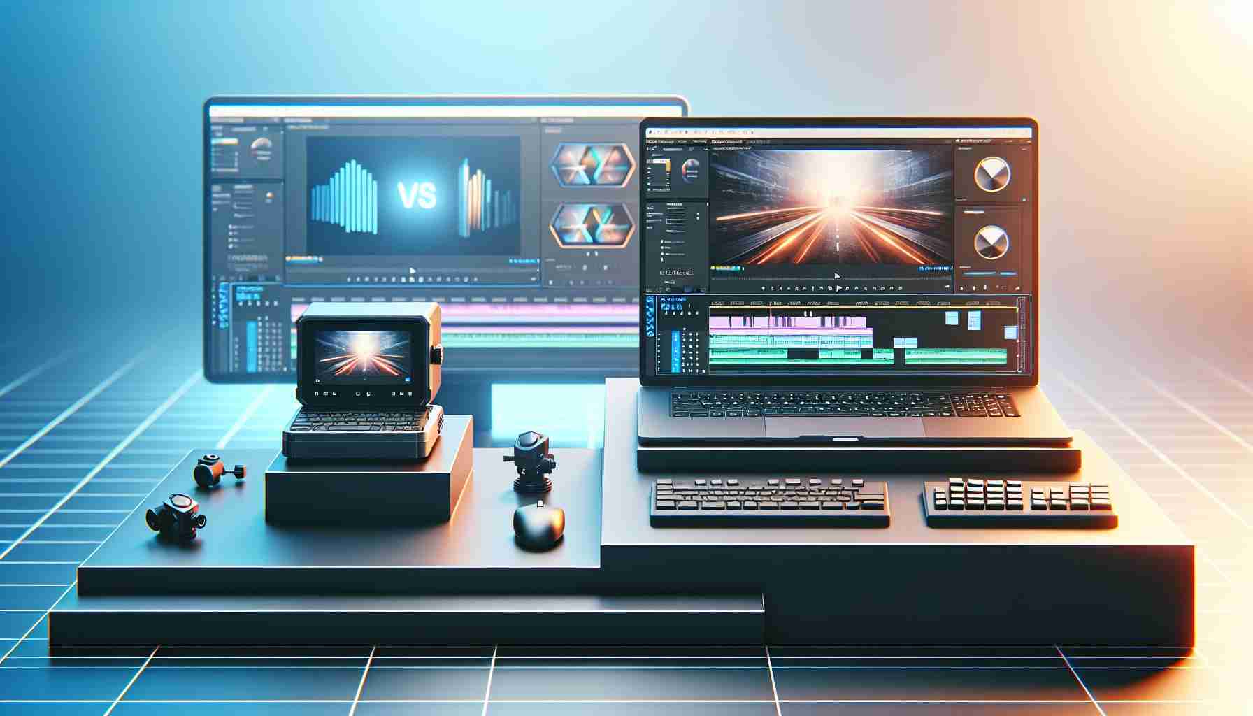 Create a realistic high-definition image showcasing a conceptual contest: a miniature high-performance computer versus a powerful laptop, particularly focusing on video editing capabilities. Both devices should be portrayed with formidable performance, the smaller one demonstrating compact power and the larger one, with impressive processing abilities. Both are modern, advanced and set on a leveled stage that represents a video editing environment. Notable features such as interfaces, keys, screens displaying video editing softwares can be highlighted.