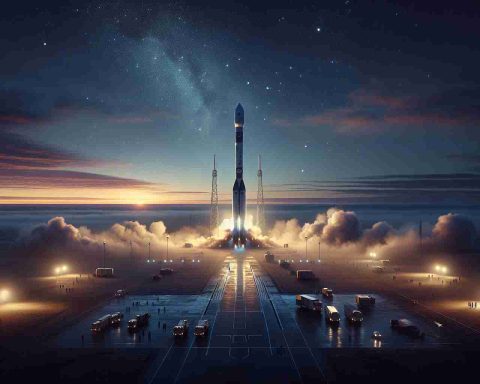 A highly realistic and high definition image depicting a scene in the early morning. The sky is starting to light up with pre-dawn hues, and the ground is still shadowy. In the center of the composition, a non-branded modern rocket is standing upright on the launch platform, steam and smoke billowing around its base, a symbol of anticipation for the imminent launch. Clustered around it are several small vehicles and teams of personnel preparing for the launch. Above, the night sky is gradually giving way to dawn, with constellations fading and the first rays of sun peeking over the horizon. At the very high altitude in the sky, a cluster of indistinct dots - representing non-branded communication satellites - are waiting to join their companions.