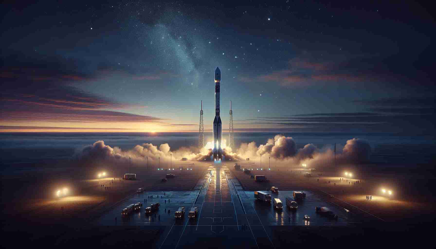 A highly realistic and high definition image depicting a scene in the early morning. The sky is starting to light up with pre-dawn hues, and the ground is still shadowy. In the center of the composition, a non-branded modern rocket is standing upright on the launch platform, steam and smoke billowing around its base, a symbol of anticipation for the imminent launch. Clustered around it are several small vehicles and teams of personnel preparing for the launch. Above, the night sky is gradually giving way to dawn, with constellations fading and the first rays of sun peeking over the horizon. At the very high altitude in the sky, a cluster of indistinct dots - representing non-branded communication satellites - are waiting to join their companions.