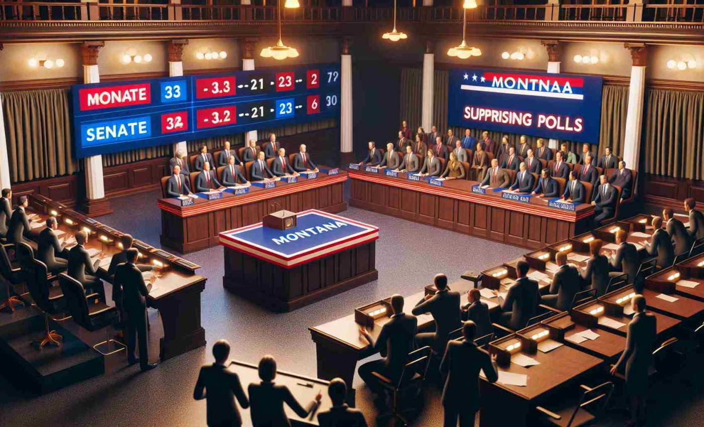 High-resolution, realistic image of an intense debate scene set in Montana. The environment should depict the mood of a heated senate race, with indications of surprising polls depicted on electronic boards. Note: The scene should not include specific politicians or public figures. Instead, imaginative characters of diverse descents and genders engaged in the political scene should be used.