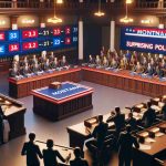 High-resolution, realistic image of an intense debate scene set in Montana. The environment should depict the mood of a heated senate race, with indications of surprising polls depicted on electronic boards. Note: The scene should not include specific politicians or public figures. Instead, imaginative characters of diverse descents and genders engaged in the political scene should be used.