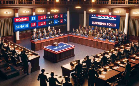 High-resolution, realistic image of an intense debate scene set in Montana. The environment should depict the mood of a heated senate race, with indications of surprising polls depicted on electronic boards. Note: The scene should not include specific politicians or public figures. Instead, imaginative characters of diverse descents and genders engaged in the political scene should be used.