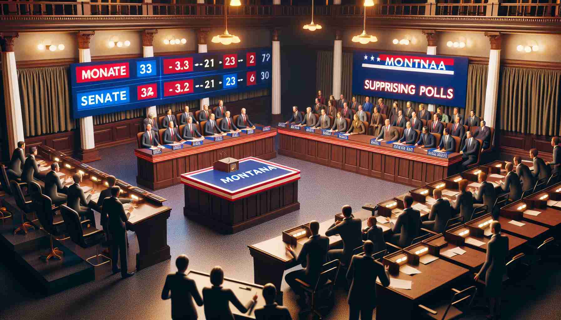 High-resolution, realistic image of an intense debate scene set in Montana. The environment should depict the mood of a heated senate race, with indications of surprising polls depicted on electronic boards. Note: The scene should not include specific politicians or public figures. Instead, imaginative characters of diverse descents and genders engaged in the political scene should be used.