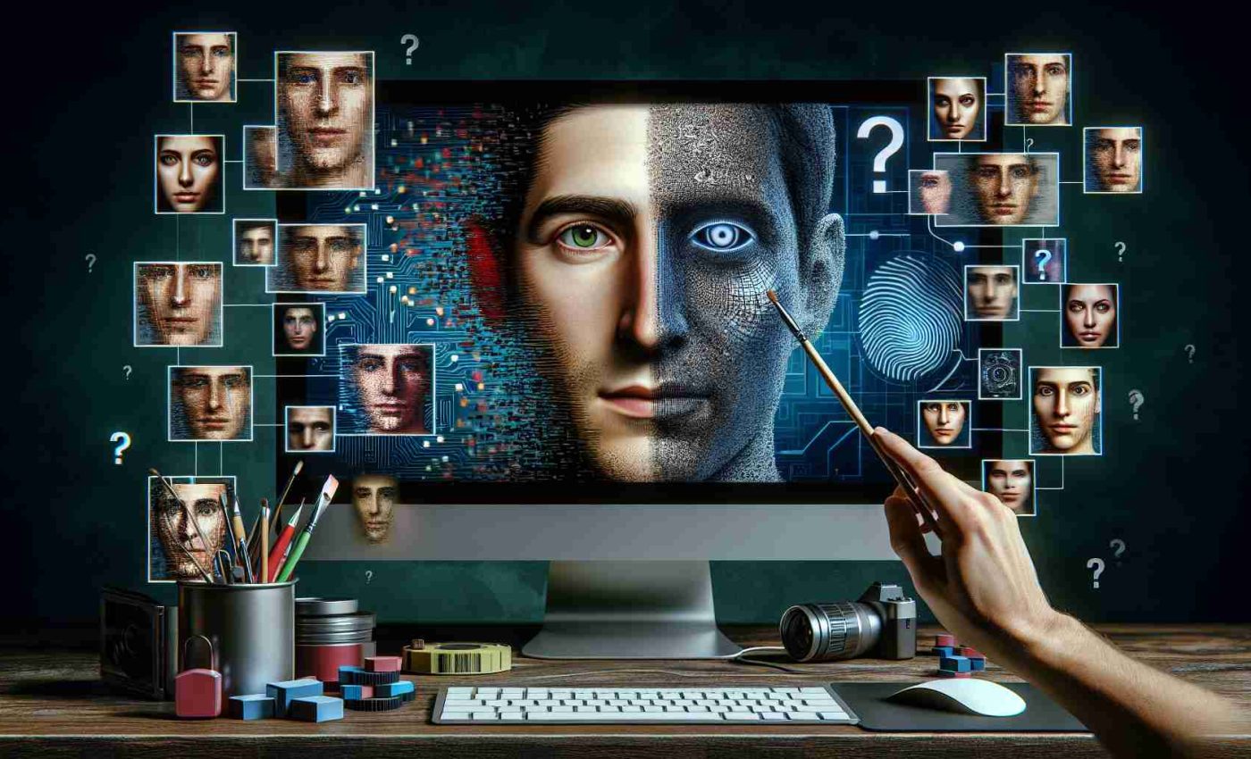 A realistic, high-definition image representing the concept of 'The Rising Threat of Deepfakes'. The image could include a computer screen displaying a blending of two faces, symbolizing the transition of one person's identity into another. Surrounding the computer, there should be a variety of digital tools related to image and video editing and machine learning algorithms, representing the tools used to create deepfakes. In the background, a question mark suggesting uncertainty or lack of preparedness. Please emphasize a mood of tension or concern.