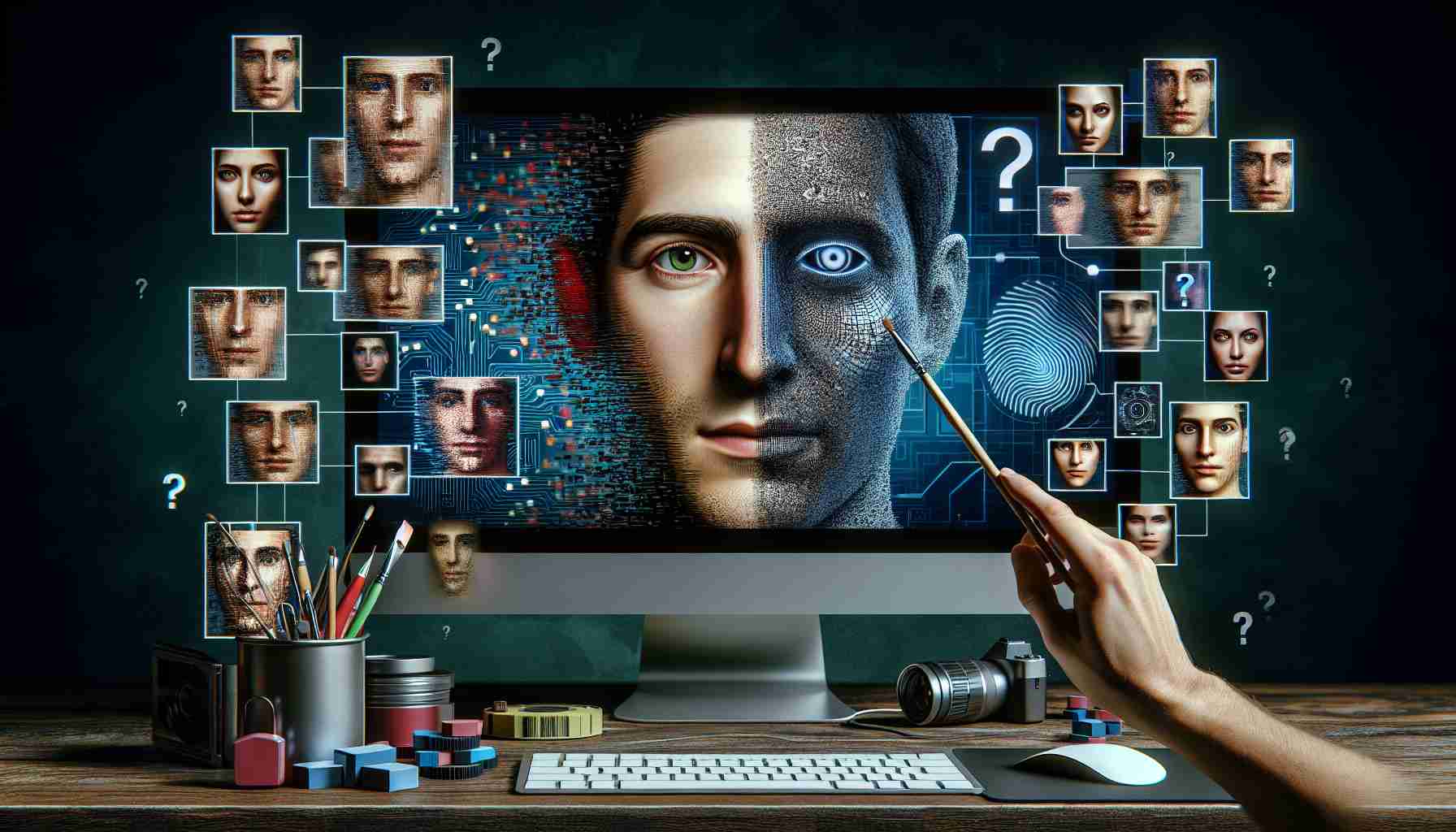 A realistic, high-definition image representing the concept of 'The Rising Threat of Deepfakes'. The image could include a computer screen displaying a blending of two faces, symbolizing the transition of one person's identity into another. Surrounding the computer, there should be a variety of digital tools related to image and video editing and machine learning algorithms, representing the tools used to create deepfakes. In the background, a question mark suggesting uncertainty or lack of preparedness. Please emphasize a mood of tension or concern.