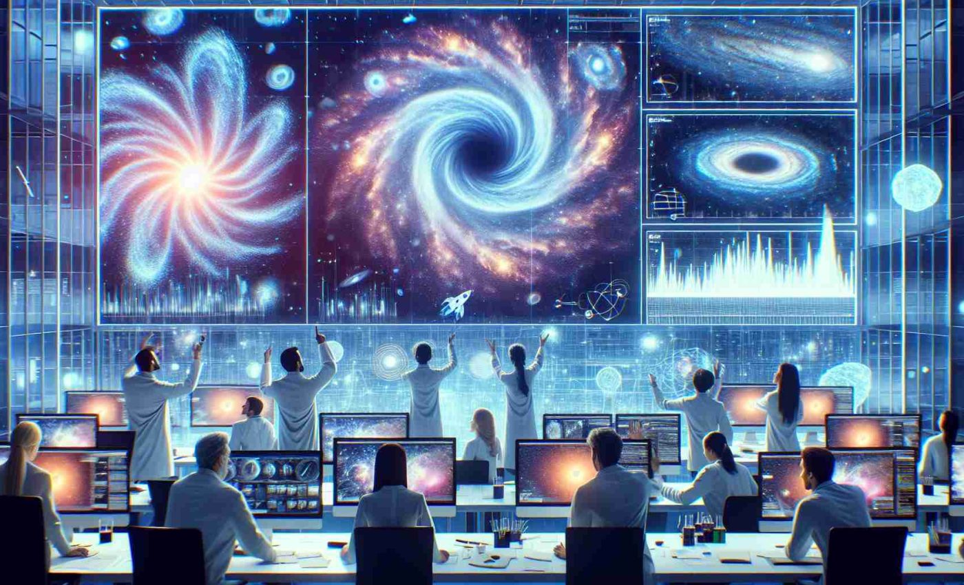 Create a realistic high-definition depiction of the moment when revolutionary scientific discoveries challenge our understanding of dark energy. This could include depictions of scientists of diverse descents such as South-Asian and Hispanic, male and female, working together in a state-of-the-art laboratory, surrounded by computers and high-tech equipment, visibly excited. On large screens around them, abstract representations of dark energy, galaxies, and other celestial phenomena can be shown. These researchers could be gesturing towards these visualizations, deep in discussion about their implications.