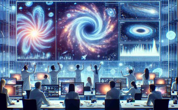 Create a realistic high-definition depiction of the moment when revolutionary scientific discoveries challenge our understanding of dark energy. This could include depictions of scientists of diverse descents such as South-Asian and Hispanic, male and female, working together in a state-of-the-art laboratory, surrounded by computers and high-tech equipment, visibly excited. On large screens around them, abstract representations of dark energy, galaxies, and other celestial phenomena can be shown. These researchers could be gesturing towards these visualizations, deep in discussion about their implications.