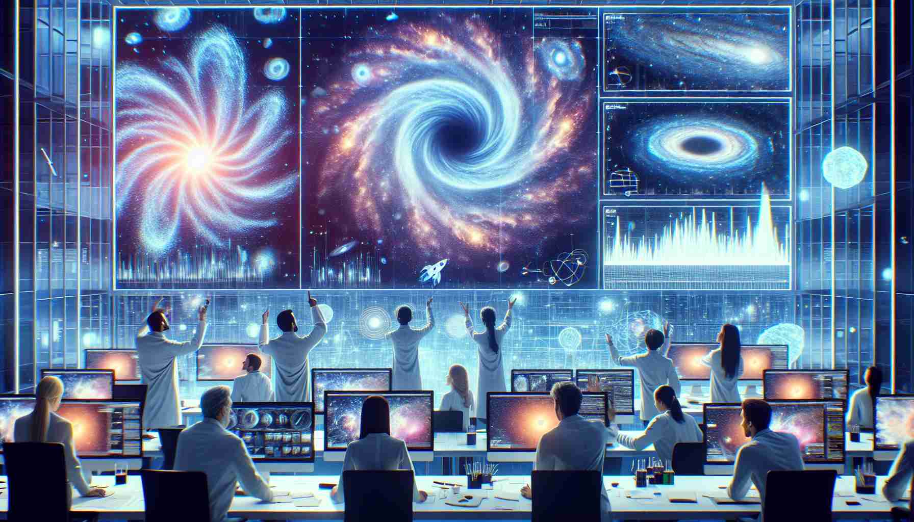 Create a realistic high-definition depiction of the moment when revolutionary scientific discoveries challenge our understanding of dark energy. This could include depictions of scientists of diverse descents such as South-Asian and Hispanic, male and female, working together in a state-of-the-art laboratory, surrounded by computers and high-tech equipment, visibly excited. On large screens around them, abstract representations of dark energy, galaxies, and other celestial phenomena can be shown. These researchers could be gesturing towards these visualizations, deep in discussion about their implications.