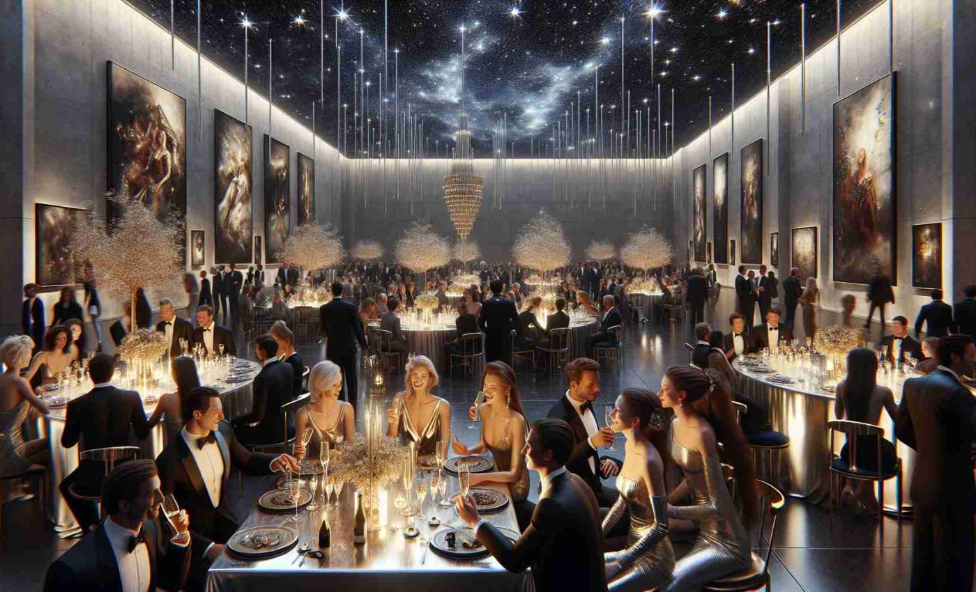 A high-definition, realistic image of a glamorous charity gala in 2024. The setting is a large hall tastefully decorated with modern art pieces, shimmering chandeliers, and ornate table settings under a star-studded night sky ceiling. Well-dressed attendees of various descents and genders mingle, sipping champagne and engaging in lively discussions. Some study the art pieces meticulously, while others laugh and enjoy the company of their companions. The atmosphere exudes sophistication, elegance, and a deep appreciation for art. Note: No specific individuals or celebrities are depicted in this gathering.