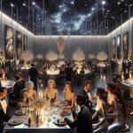 A high-definition, realistic image of a glamorous charity gala in 2024. The setting is a large hall tastefully decorated with modern art pieces, shimmering chandeliers, and ornate table settings under a star-studded night sky ceiling. Well-dressed attendees of various descents and genders mingle, sipping champagne and engaging in lively discussions. Some study the art pieces meticulously, while others laugh and enjoy the company of their companions. The atmosphere exudes sophistication, elegance, and a deep appreciation for art. Note: No specific individuals or celebrities are depicted in this gathering.