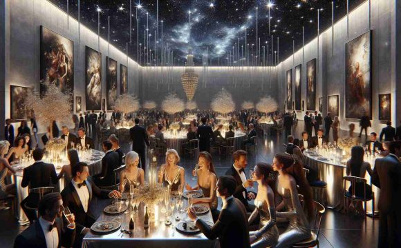 A high-definition, realistic image of a glamorous charity gala in 2024. The setting is a large hall tastefully decorated with modern art pieces, shimmering chandeliers, and ornate table settings under a star-studded night sky ceiling. Well-dressed attendees of various descents and genders mingle, sipping champagne and engaging in lively discussions. Some study the art pieces meticulously, while others laugh and enjoy the company of their companions. The atmosphere exudes sophistication, elegance, and a deep appreciation for art. Note: No specific individuals or celebrities are depicted in this gathering.