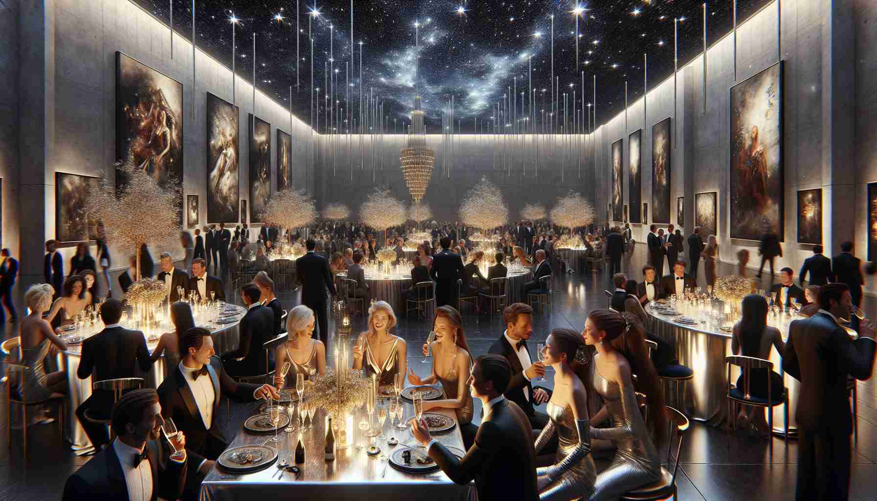 A high-definition, realistic image of a glamorous charity gala in 2024. The setting is a large hall tastefully decorated with modern art pieces, shimmering chandeliers, and ornate table settings under a star-studded night sky ceiling. Well-dressed attendees of various descents and genders mingle, sipping champagne and engaging in lively discussions. Some study the art pieces meticulously, while others laugh and enjoy the company of their companions. The atmosphere exudes sophistication, elegance, and a deep appreciation for art. Note: No specific individuals or celebrities are depicted in this gathering.