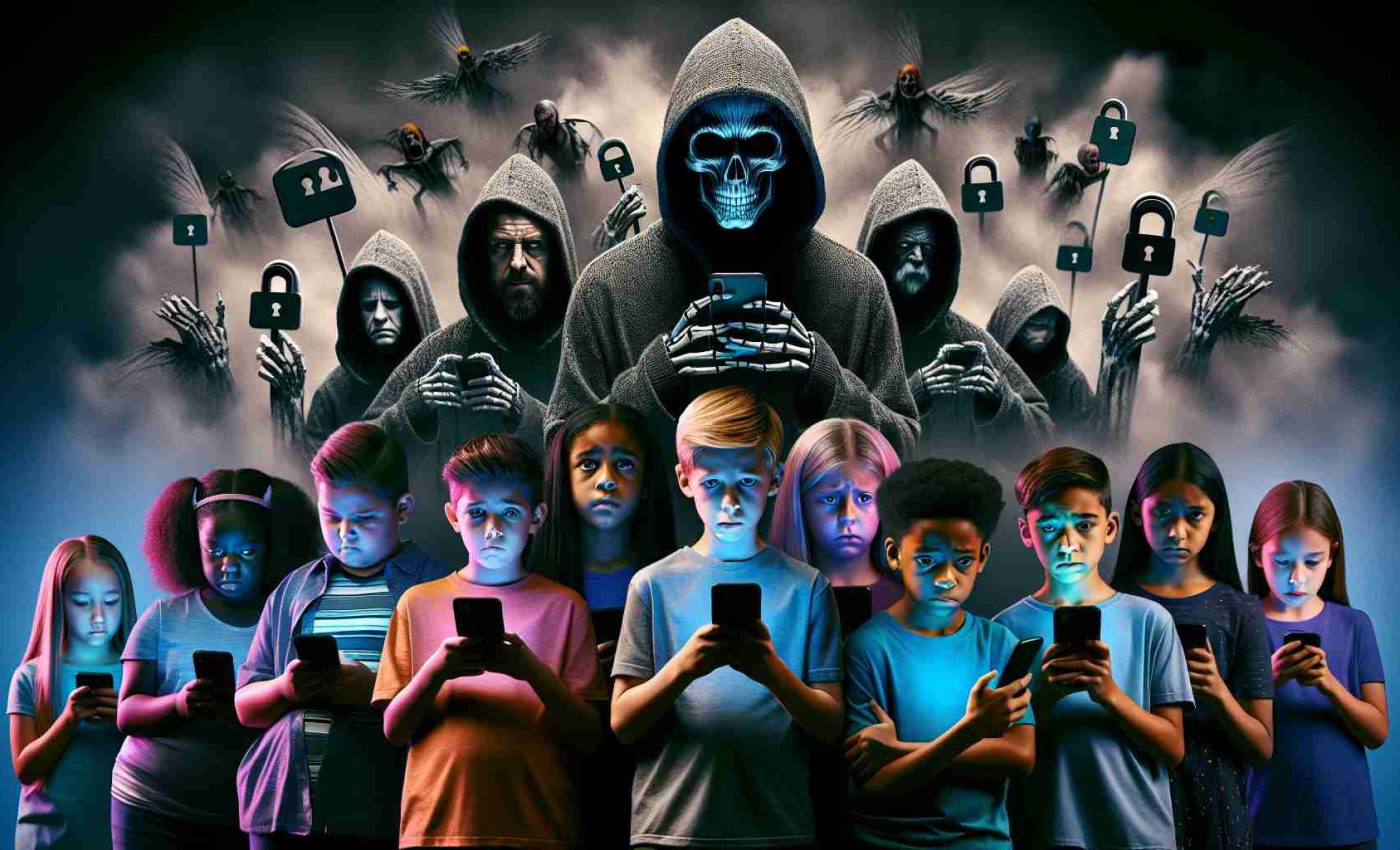 Create a representation of the hidden risks of social media bans for children. The image must be high-definition and realistic. It might show a group of diverse children, each from different descents like Caucasian, Hispanic, Black, Middle-Eastern, and South Asian, looking sad or anxious as they hold devices showing locked screens, symbolizing banned social media applications. Behind them, shadowy issues (like isolation, misinformation, cyberbullying, etc.) loom large, personified as menacing figures. Use vivid colors to highlight the children and monochrome for the shadowy figures, to indicate the darker, hidden implications of these bans.