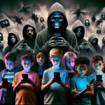 Create a representation of the hidden risks of social media bans for children. The image must be high-definition and realistic. It might show a group of diverse children, each from different descents like Caucasian, Hispanic, Black, Middle-Eastern, and South Asian, looking sad or anxious as they hold devices showing locked screens, symbolizing banned social media applications. Behind them, shadowy issues (like isolation, misinformation, cyberbullying, etc.) loom large, personified as menacing figures. Use vivid colors to highlight the children and monochrome for the shadowy figures, to indicate the darker, hidden implications of these bans.