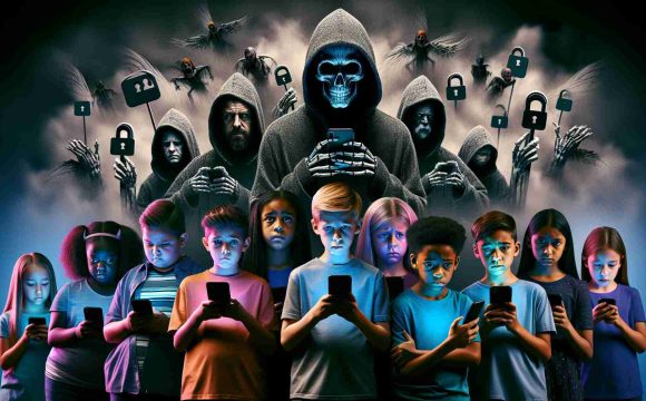 Create a representation of the hidden risks of social media bans for children. The image must be high-definition and realistic. It might show a group of diverse children, each from different descents like Caucasian, Hispanic, Black, Middle-Eastern, and South Asian, looking sad or anxious as they hold devices showing locked screens, symbolizing banned social media applications. Behind them, shadowy issues (like isolation, misinformation, cyberbullying, etc.) loom large, personified as menacing figures. Use vivid colors to highlight the children and monochrome for the shadowy figures, to indicate the darker, hidden implications of these bans.