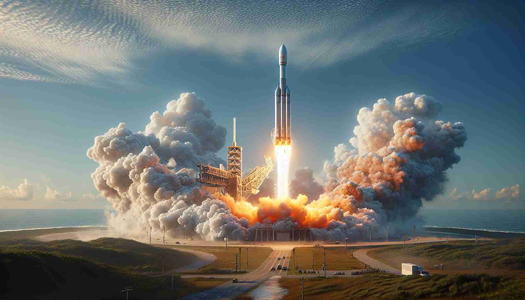 A realistic, high-definition image depicting a spectacular rocket launch, with a focus on the gigantic vehicle catapulting into the sky. The scene is set on a beautiful saturday with clear skies. There's a swirl of smoke and steam at the launch pad, amidst a splash of orange and yellow flames as the rocket ascends to the heavens. This remarkable event is located at a seaside launch site with the ocean in the background and a gathering of spectators watching from a safe distance.