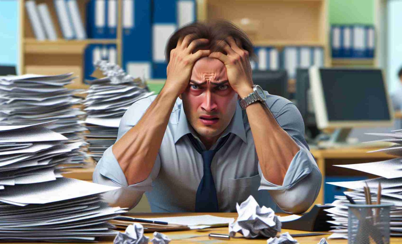 Generate a hyper-realistic high-definition image of an individual named Dalton Knecht who is experiencing a rocky start - perhaps he is under immense pressure seen through his stressed facial expression and body posture. He might be in a stressful environment like a busy office, with paperwork and tasks piling up around him. The setting should evoke a sense of urgency and tension.