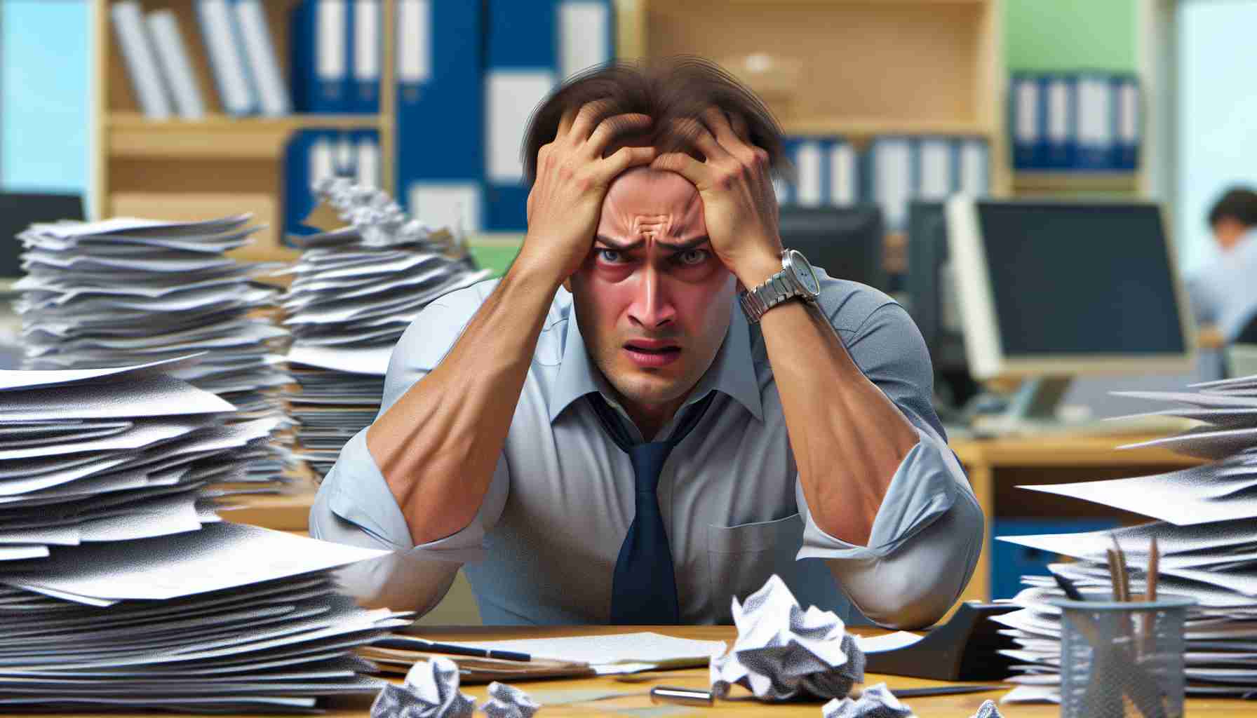 Generate a hyper-realistic high-definition image of an individual named Dalton Knecht who is experiencing a rocky start - perhaps he is under immense pressure seen through his stressed facial expression and body posture. He might be in a stressful environment like a busy office, with paperwork and tasks piling up around him. The setting should evoke a sense of urgency and tension.