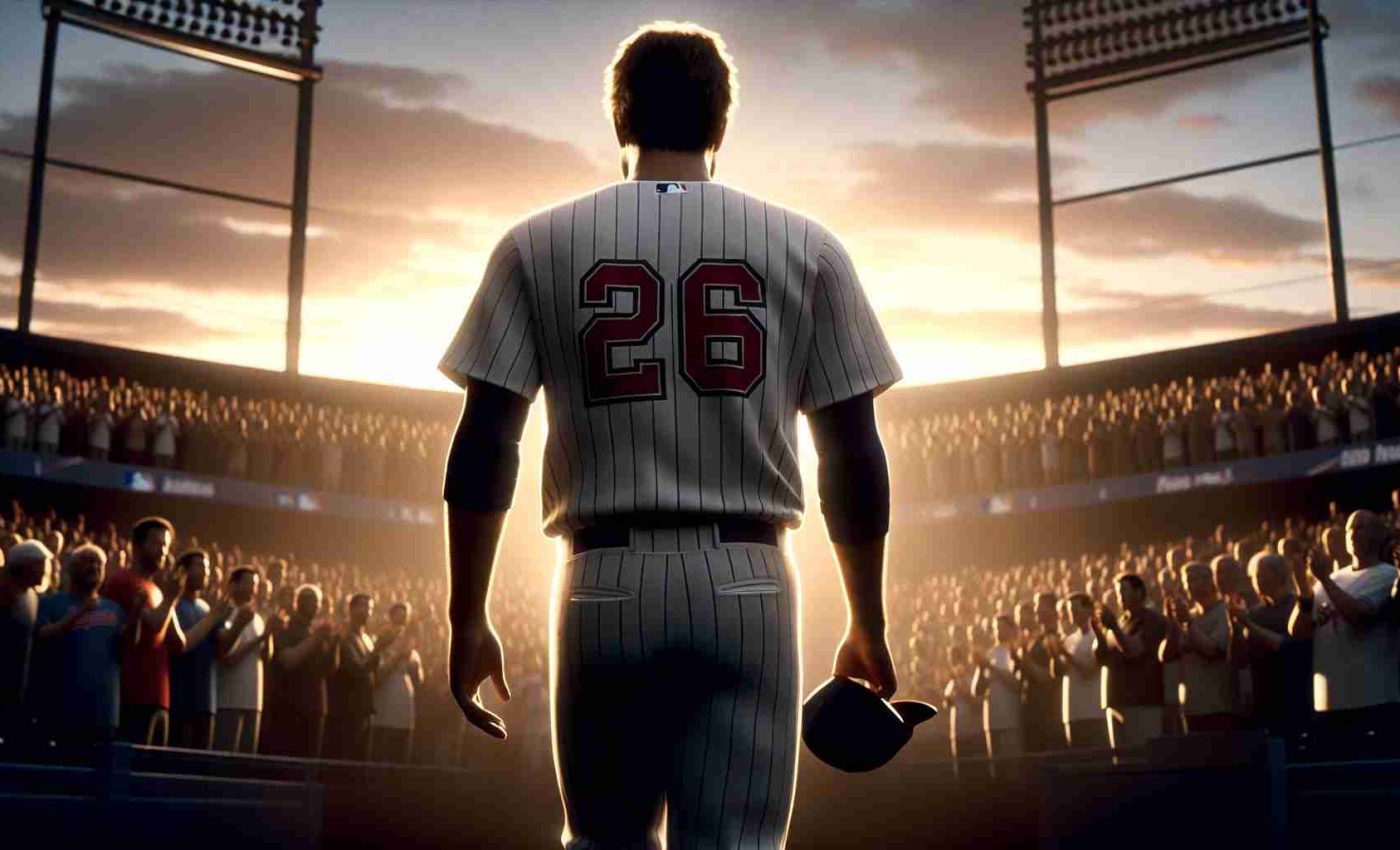 A realistic high-definition image reflecting the heartbreak of baseball fans. Depict a star baseball player, known for his remarkable skills, walking away from the stadium, with the number 26 prominently displayed on his jersey. He is in his mid-twenties, and his silhouette against the setting sun symbolizes his early retirement. The crowd in the stands expresses a mix of shock, disappointment, and gratitude for his short but impactful career.