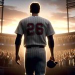 A realistic high-definition image reflecting the heartbreak of baseball fans. Depict a star baseball player, known for his remarkable skills, walking away from the stadium, with the number 26 prominently displayed on his jersey. He is in his mid-twenties, and his silhouette against the setting sun symbolizes his early retirement. The crowd in the stands expresses a mix of shock, disappointment, and gratitude for his short but impactful career.