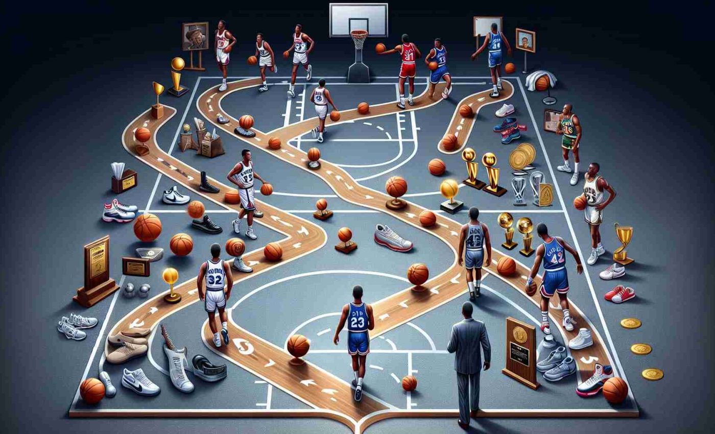 A high-definition realistic illustration of a basketball journey. Picture a metaphorical path representing the career of two iconic basketball players. One path starts earlier, paved with numerous victories, awards, and challenges, symbolizing the career of a legendary player from the 90s. Another path, starting later but following a similar trajectory, represents the career of a prolific player from the early 2000s. Each path is filled with symbolic elements like basketballs, hoops, sneakers, and awards. A figurative representation of mentorship, rivalry, and mutual respect between two towering figures in basketball history.