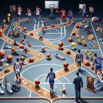 A high-definition realistic illustration of a basketball journey. Picture a metaphorical path representing the career of two iconic basketball players. One path starts earlier, paved with numerous victories, awards, and challenges, symbolizing the career of a legendary player from the 90s. Another path, starting later but following a similar trajectory, represents the career of a prolific player from the early 2000s. Each path is filled with symbolic elements like basketballs, hoops, sneakers, and awards. A figurative representation of mentorship, rivalry, and mutual respect between two towering figures in basketball history.