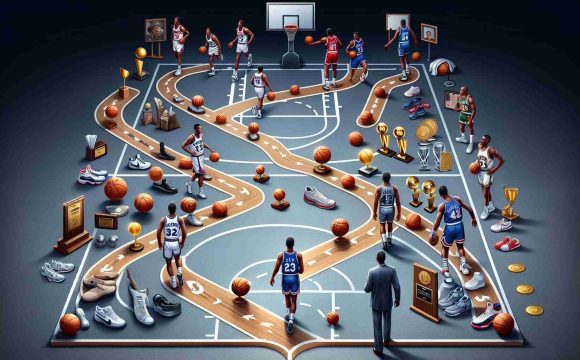 A high-definition realistic illustration of a basketball journey. Picture a metaphorical path representing the career of two iconic basketball players. One path starts earlier, paved with numerous victories, awards, and challenges, symbolizing the career of a legendary player from the 90s. Another path, starting later but following a similar trajectory, represents the career of a prolific player from the early 2000s. Each path is filled with symbolic elements like basketballs, hoops, sneakers, and awards. A figurative representation of mentorship, rivalry, and mutual respect between two towering figures in basketball history.