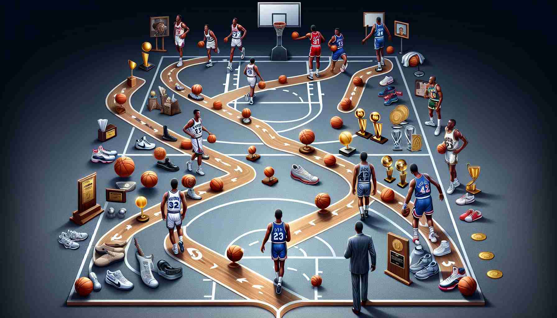 A high-definition realistic illustration of a basketball journey. Picture a metaphorical path representing the career of two iconic basketball players. One path starts earlier, paved with numerous victories, awards, and challenges, symbolizing the career of a legendary player from the 90s. Another path, starting later but following a similar trajectory, represents the career of a prolific player from the early 2000s. Each path is filled with symbolic elements like basketballs, hoops, sneakers, and awards. A figurative representation of mentorship, rivalry, and mutual respect between two towering figures in basketball history.