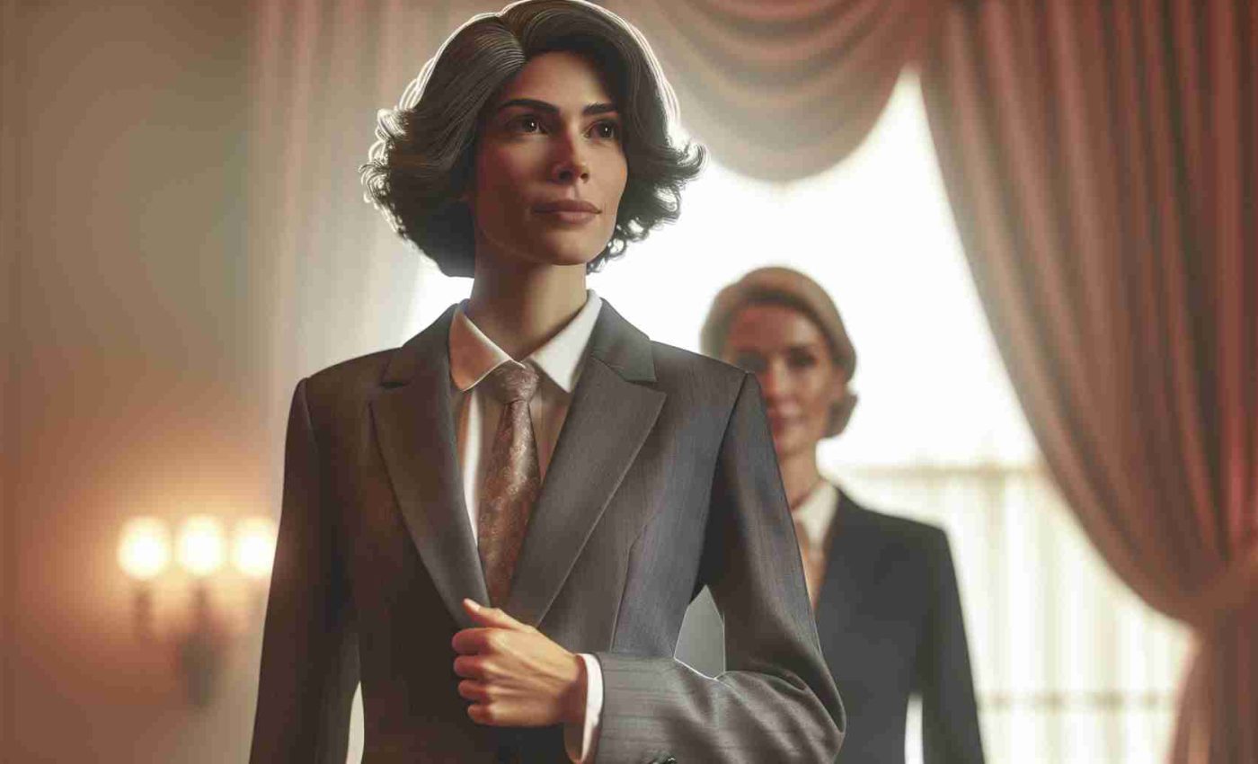 Realistic HD photo of historic shift: a new female appointment as a Chief of Staff. Imagine a woman with distinguished features, attired in a professional suit, stepping into a traditionally male-dominated role in the political arena. Simulate an atmosphere of profound change, reflecting a major turning point in history.