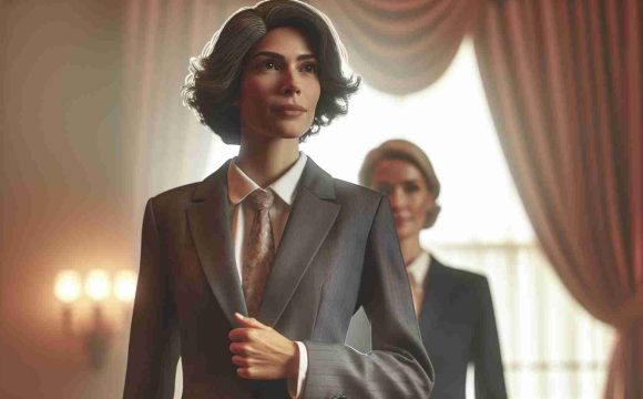 Realistic HD photo of historic shift: a new female appointment as a Chief of Staff. Imagine a woman with distinguished features, attired in a professional suit, stepping into a traditionally male-dominated role in the political arena. Simulate an atmosphere of profound change, reflecting a major turning point in history.