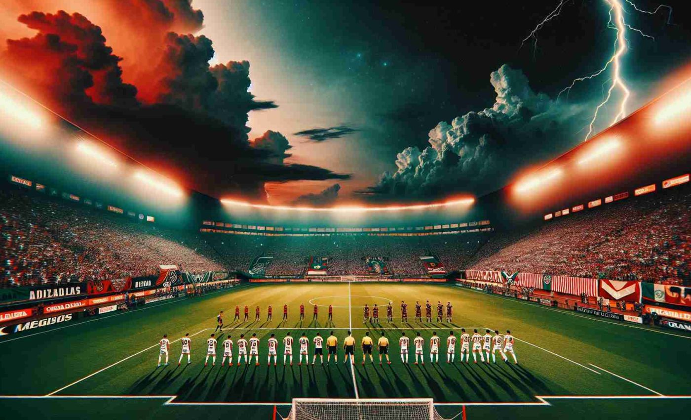 Generate an ultra-high-definition photo showcasing a tense moment at a soccer match where the team from Mazatlán is on an unbeaten streak, yet faces a challenging opponent. The image should display the teams lined up on the field, attentive audiences, and a heightened air of suspense signalling a crucial match. One corner of the stadium is lit with vibrant Mazatlán team colors while the other end features the adversary colors. Don't feature any recognizable individual players.