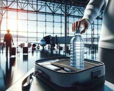 Create a hyper-realistic, high-definition image that visually represents the process of taking water on a flight. This could potentially include a traveler carefully packing a transparent container of water into a carry-on bag, complying with airport security regulations. The scene should take place in a well-lit, modern airport terminal, with airplane boarding gates in the background.