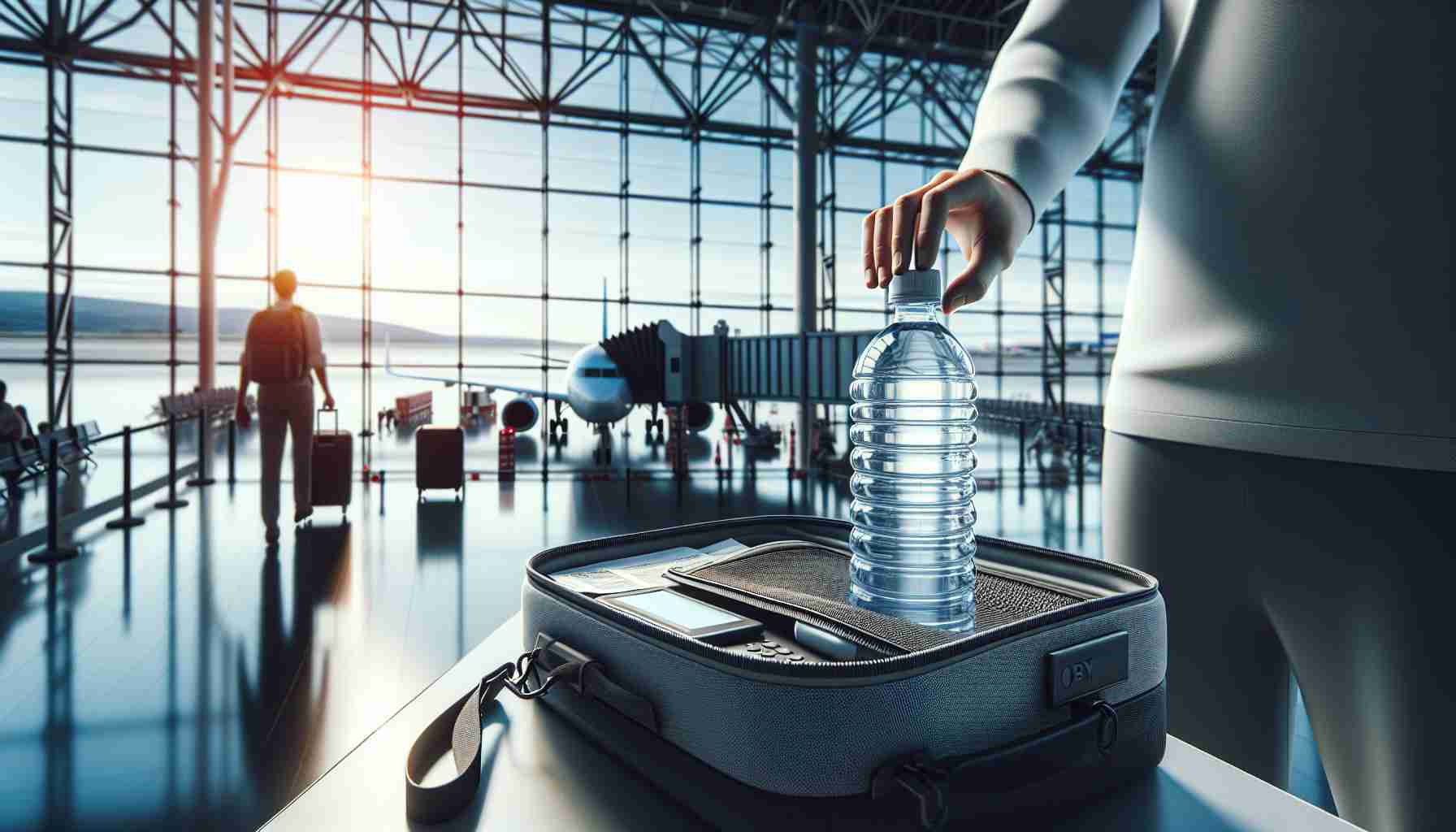 Create a hyper-realistic, high-definition image that visually represents the process of taking water on a flight. This could potentially include a traveler carefully packing a transparent container of water into a carry-on bag, complying with airport security regulations. The scene should take place in a well-lit, modern airport terminal, with airplane boarding gates in the background.